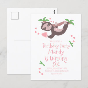 Valentines Day Sloth Birthday Party Hearts  Postcard