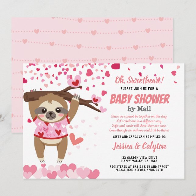 Valentines Day Sloth Girl Baby Shower By Mail Invitation (Front/Back)