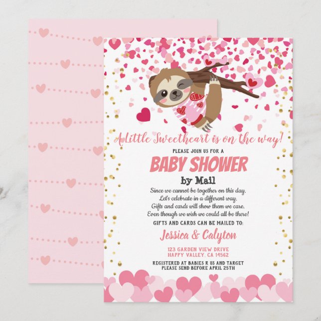 Valentines Day Sloth Girl Baby Shower By Mail Pink Invitation (Front/Back)