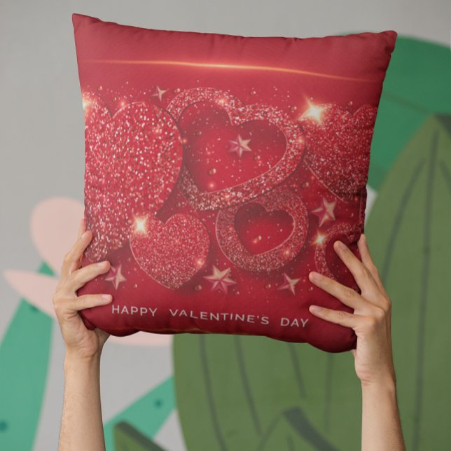 Valentine's Day Sparkling Hearts Gold Stars Red  Throw Pillow (Creator Uploaded)
