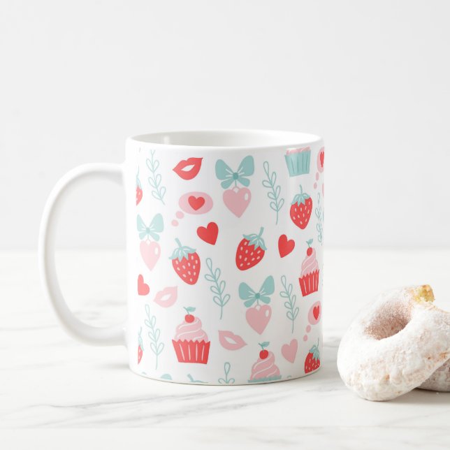 Valentine's Day Strawberry Kisses Cupcakes Hearts Coffee Mug (With Donut)