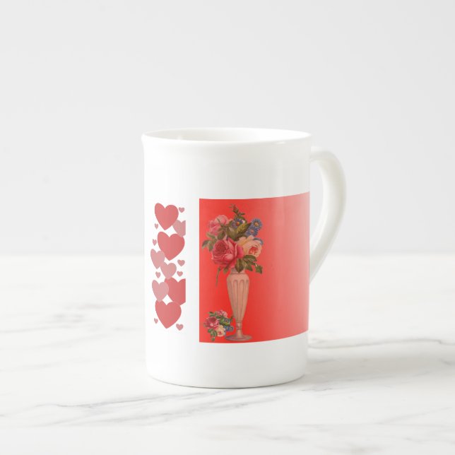 Valentines Day Sweeping Heart Romantic Roses Vase  Bone China Mug (Front Right)