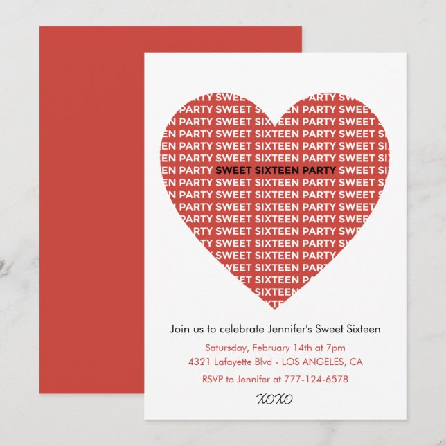 Valentines day sweet 16 invitation xoxo sweetheart (Front/Back)