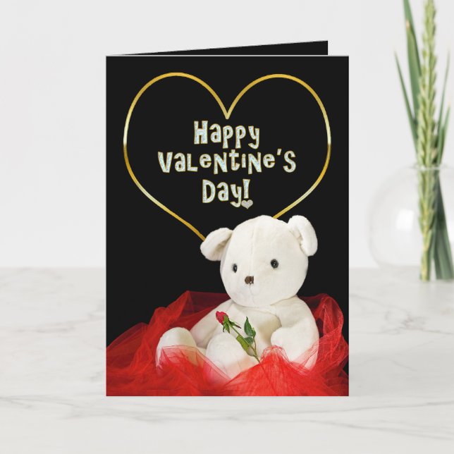 Valentine's Day - SWEETIE! Teddy Bear/Red Rose Holiday Card (Front)