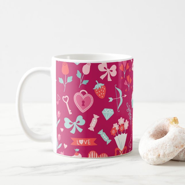 Valentine's Day Symbols Heart Candy Cupids Arrow Coffee Mug (With Donut)