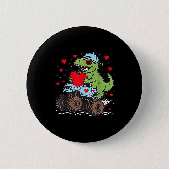 Valentines Day T Rex Riding Monster Truck Funny To 2 Inch Round Button (Front)
