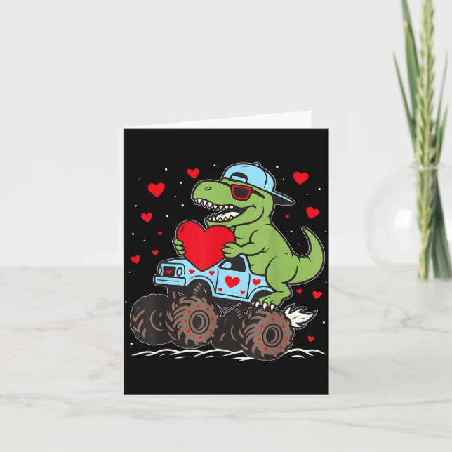 Valentines Day T Rex Riding Monster Truck Funny To Card (Front)