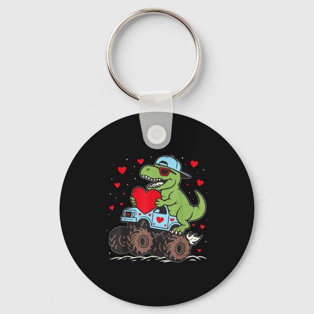 Valentines Day T Rex Riding Monster Truck Funny To Keychain (Front)