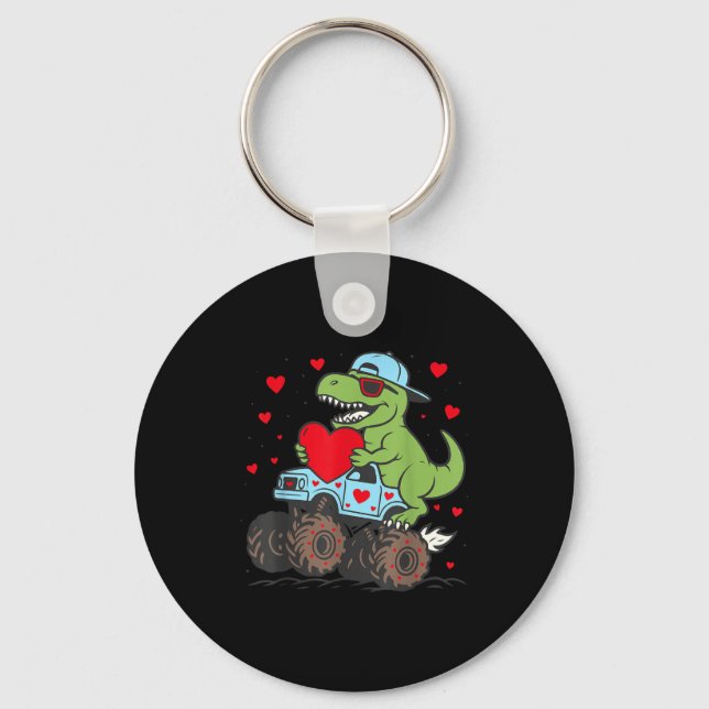 Valentines Day T Rex Riding Monster Truck Funny To Keychain (Front)