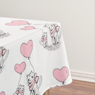 Valentine's Day Tablecloth Cat Pink Hearts