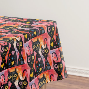 Valentine's Day Tablecloth Cat Red Hearts 