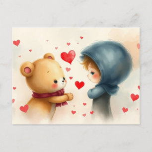 Valentine's Day Teddy Bear and Little Girl  Holiday Postcard