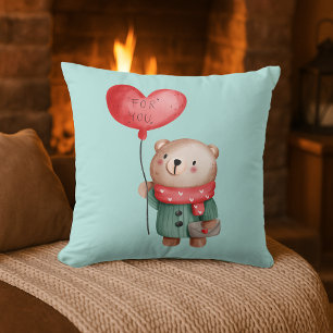 Valentine's Day teddy bear holding love balloon Throw Pillow