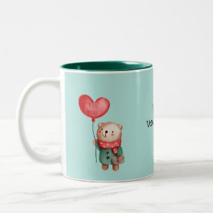 Valentine's Day teddy bear holding love balloon Two-Tone Coffee Mug