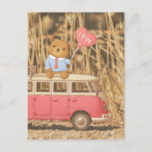 Valentine's Day: Teddy Bear & Pink Vintage Car Postcard