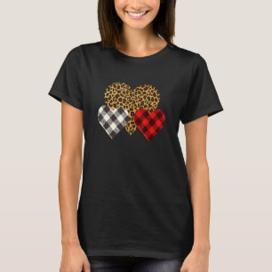 Valentines Day Three Hearts Leopard Buffalo Plaid T-Shirt