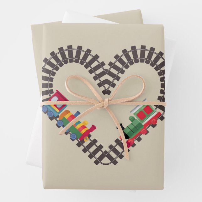 Valentines Day Train Railroad Heart  Wrapping Paper Sheet (In situ)