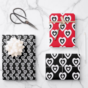 Valentines Day Triple Hearts Red and Black Pattern Wrapping Paper Sheet
