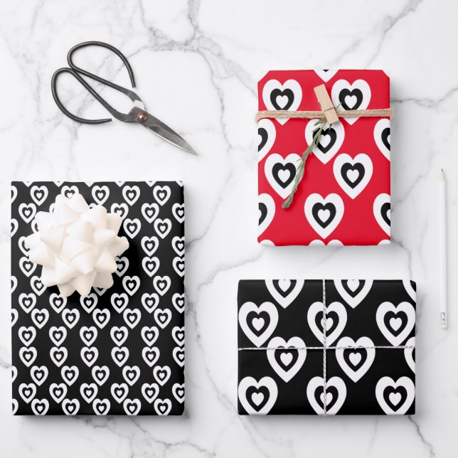 Valentines Day Triple Hearts Red and Black Pattern Wrapping Paper Sheet (Front)
