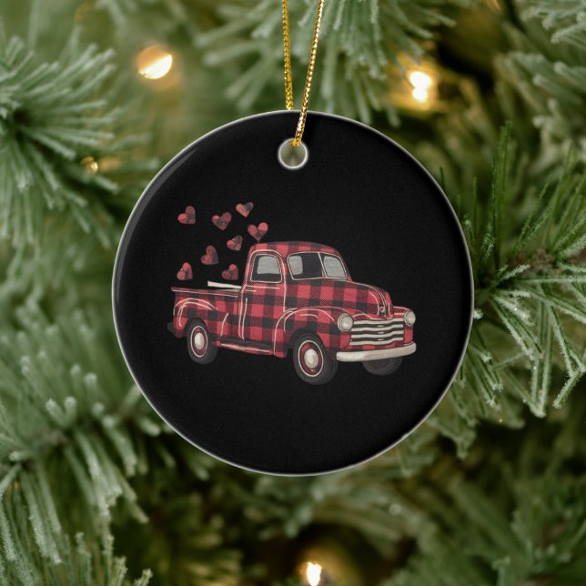 Valentine's Day Truck Funny Buffalo Plaid Leopard  Ceramic Ornament (Tree)