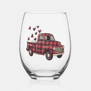 Valentine's Day Truck Funny Buffalo Plaid Leopard  Stemless Wine Glass