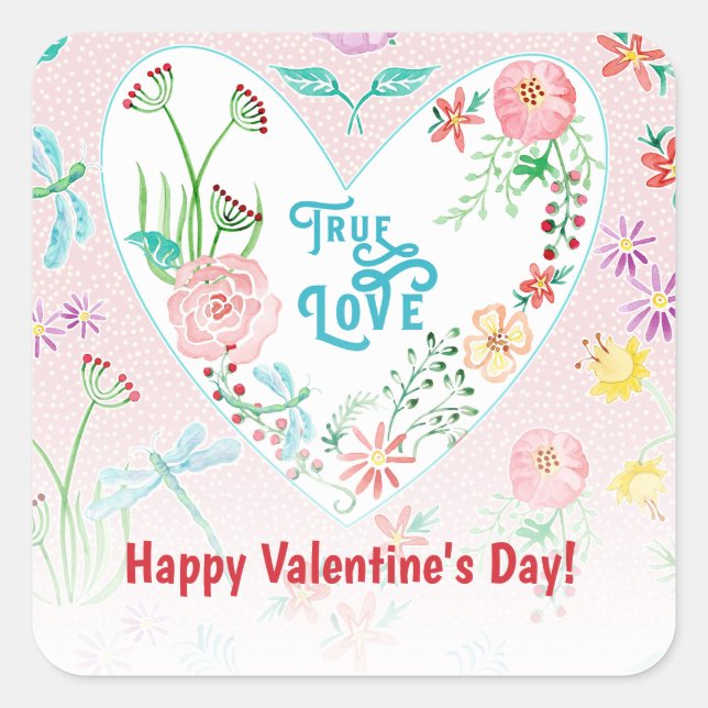 Valentine's Day True Love Hearts n Flowers Party  Square Sticker (Front)
