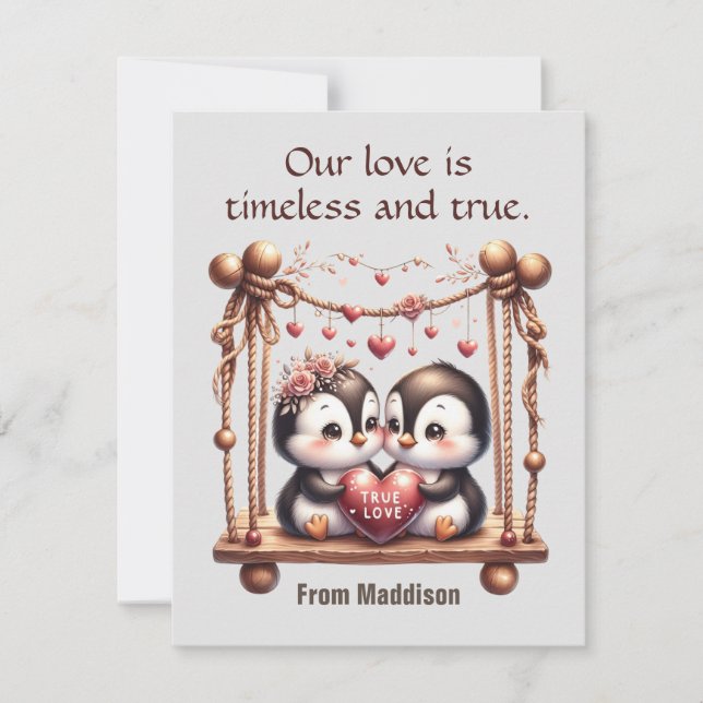 Valentines Day True Love Penguins on the Swing Holiday Card (Front)