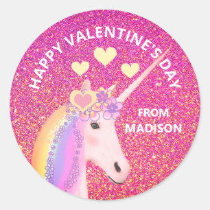 Valentines Day Unicorn Pink Glitter Hearts Name Classic Round Sticker