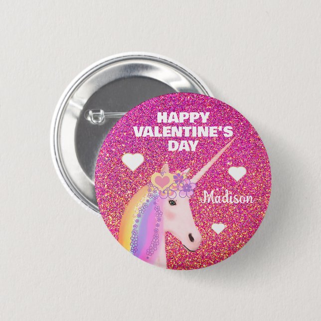 Valentines Day Unicorn Pink Glitter Personalized 2 Inch Round Button (Front & Back)