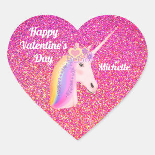 Valentines Day Unicorn Pink Glitter Personalized Heart Sticker