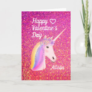 Valentines Day Unicorn Pink Glitter Personalized Holiday Card