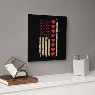 Valentine's Day US Flag Hearts  Square Wall Clock