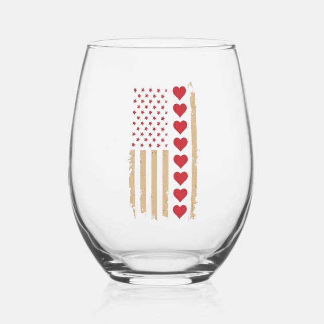 Valentine's Day US Flag Hearts  Stemless Wine Glass (Back)