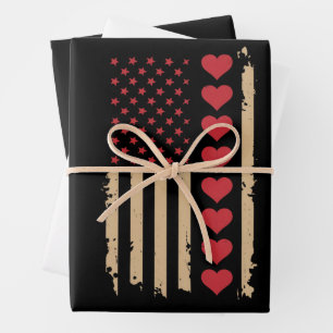Valentine's Day US Flag Hearts  Wrapping Paper Sheet