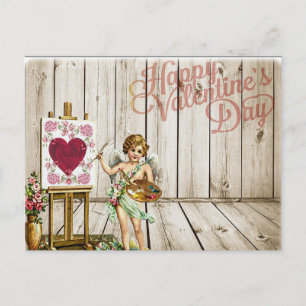Valentines Day Vintage Flowers Cherub Holiday Postcard