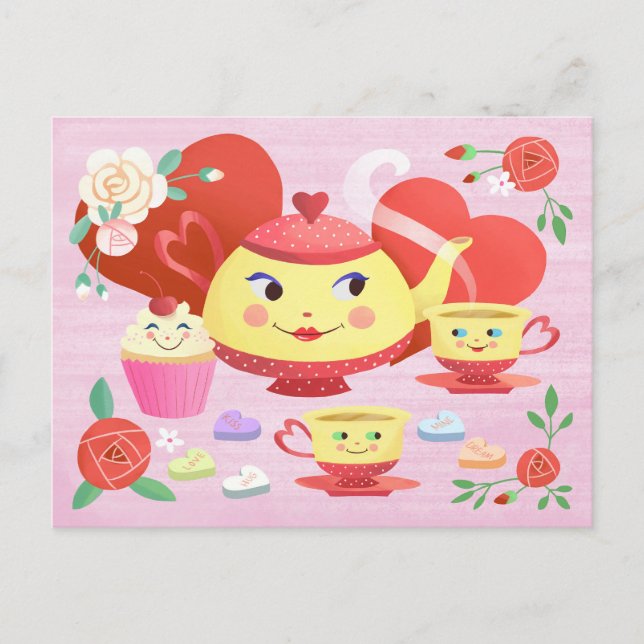 Valentine's Day Vintage Teapot Tea Set  Postcard (Front)