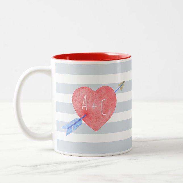 Valentine's Day Watercolor Heart Arrow Stripes Mug (Left)
