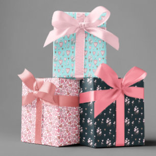 Valentine's Day Watercolor Hearts Flowers Pattern Wrapping Paper Sheet