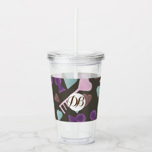Valentines Day Watercolor Hearts Lockets Monogram Acrylic Tumbler