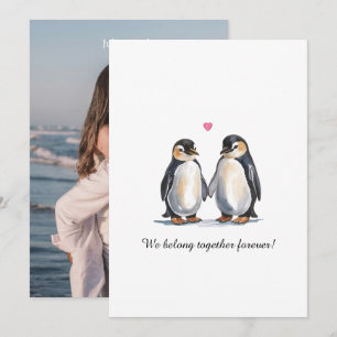 Valentines Day Watercolor Penguins And Photo Holiday Card
