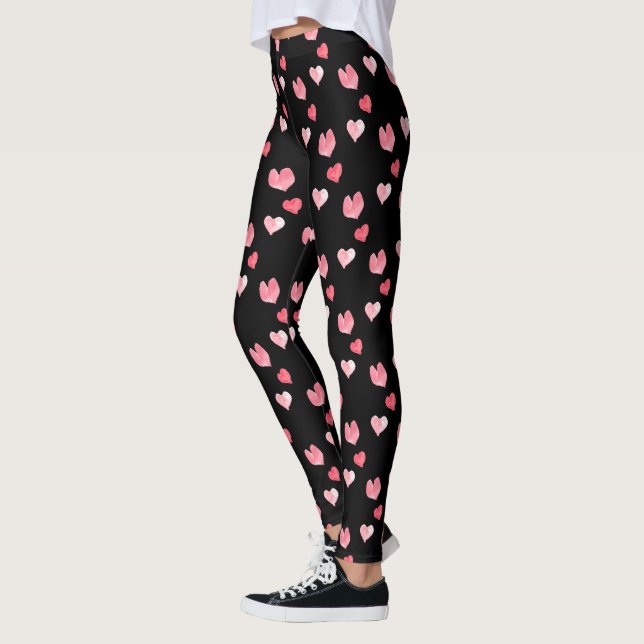 Valentine's Day Watercolor pink hearts on black  Leggings (Left)