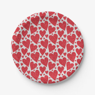 Valentine's Day Wedding Red White Glitter Hearts  Paper Plate