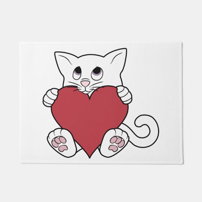 Valentine's Day White Cat with Red Heart Doormat (Front)