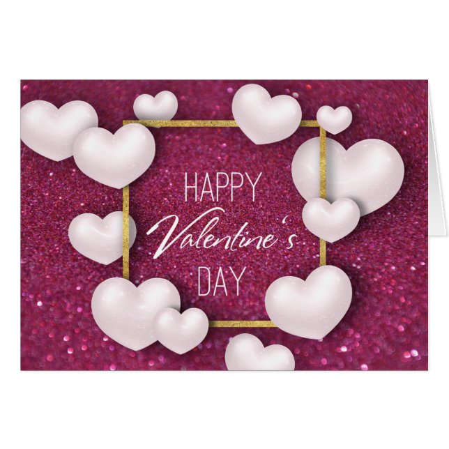 Valentine's Day White Hearts Glitter Greeting Card (Front Horizontal)