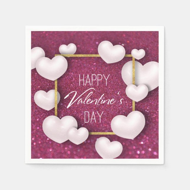 Valentine's Day White Hearts Glitter Paper Napkin (Front)