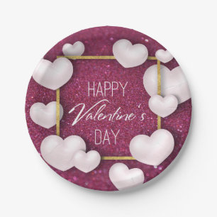 Valentine's Day White Hearts Glitter Paper Plate