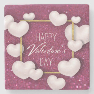 Valentine's Day White Hearts Glitter Stone Coaster