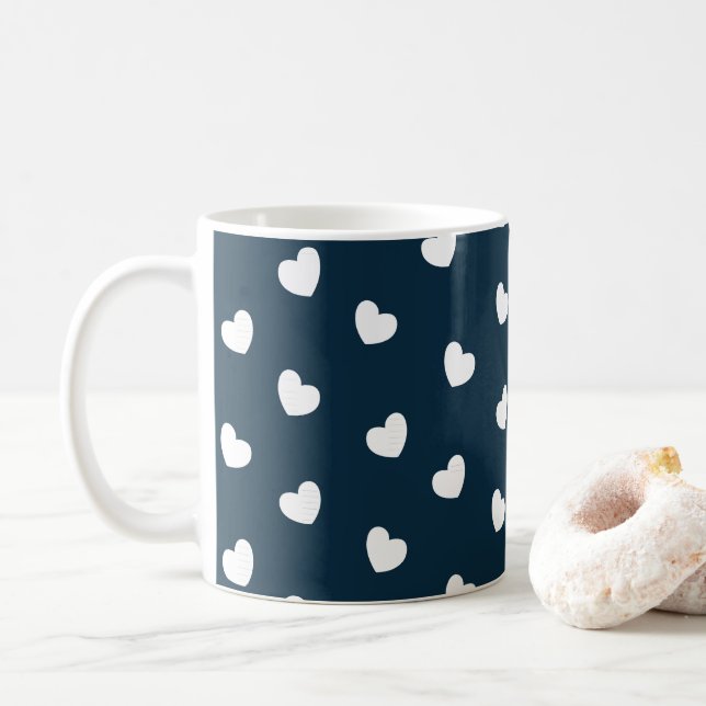 Valentines Day White Hearts Pattern  Coffee Mug (With Donut)