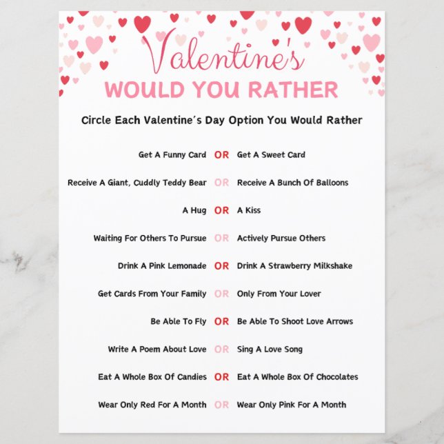 Valentine's Day Would You Rather Game (Front)