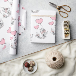 Valentine's Day Wrapping Paper Cat Pink Hearts